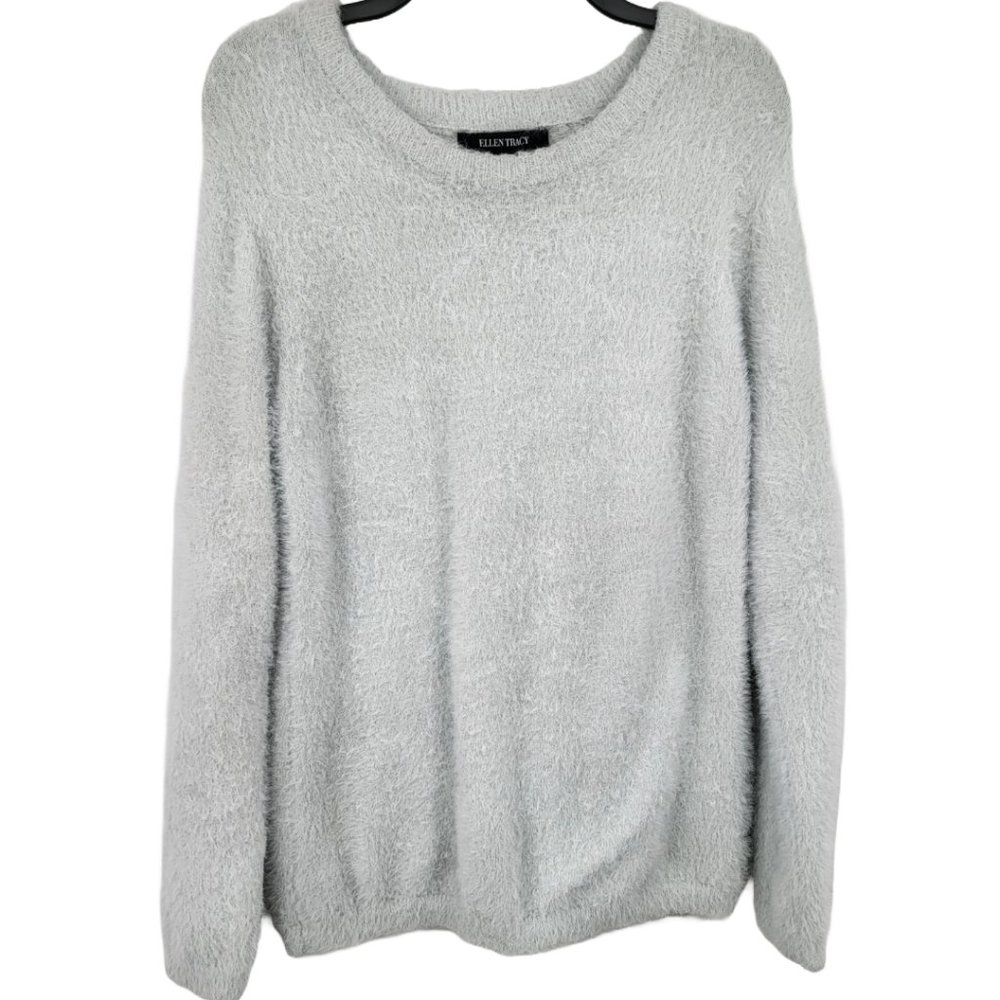 Ellen Tracy Womens Medium Fuzzy Furry‎ Sweater Pale Blue Crew Neck Soft